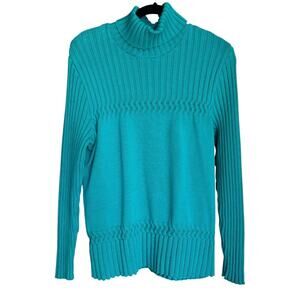 Vintage Women's Coldwater Creek Cotton Green Turtleneck Sweater Size L 14-16